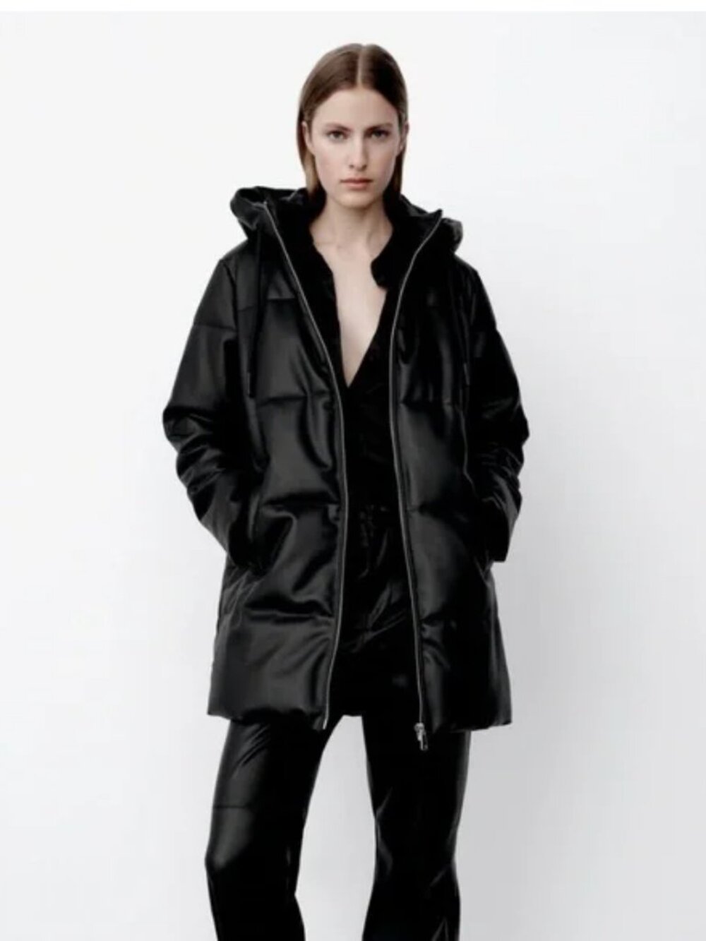 Zara Women's Black Faux Leather Hooded Puffer Jacket Size M